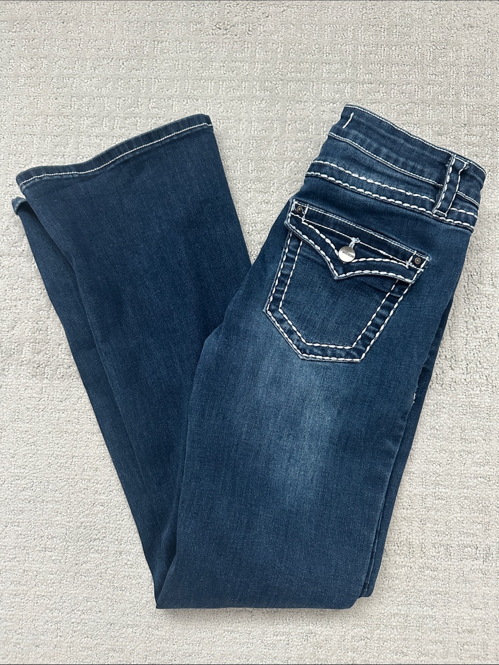 Women's Dark Blue Boot Cut Jeans with Decorative Pocket Stitching